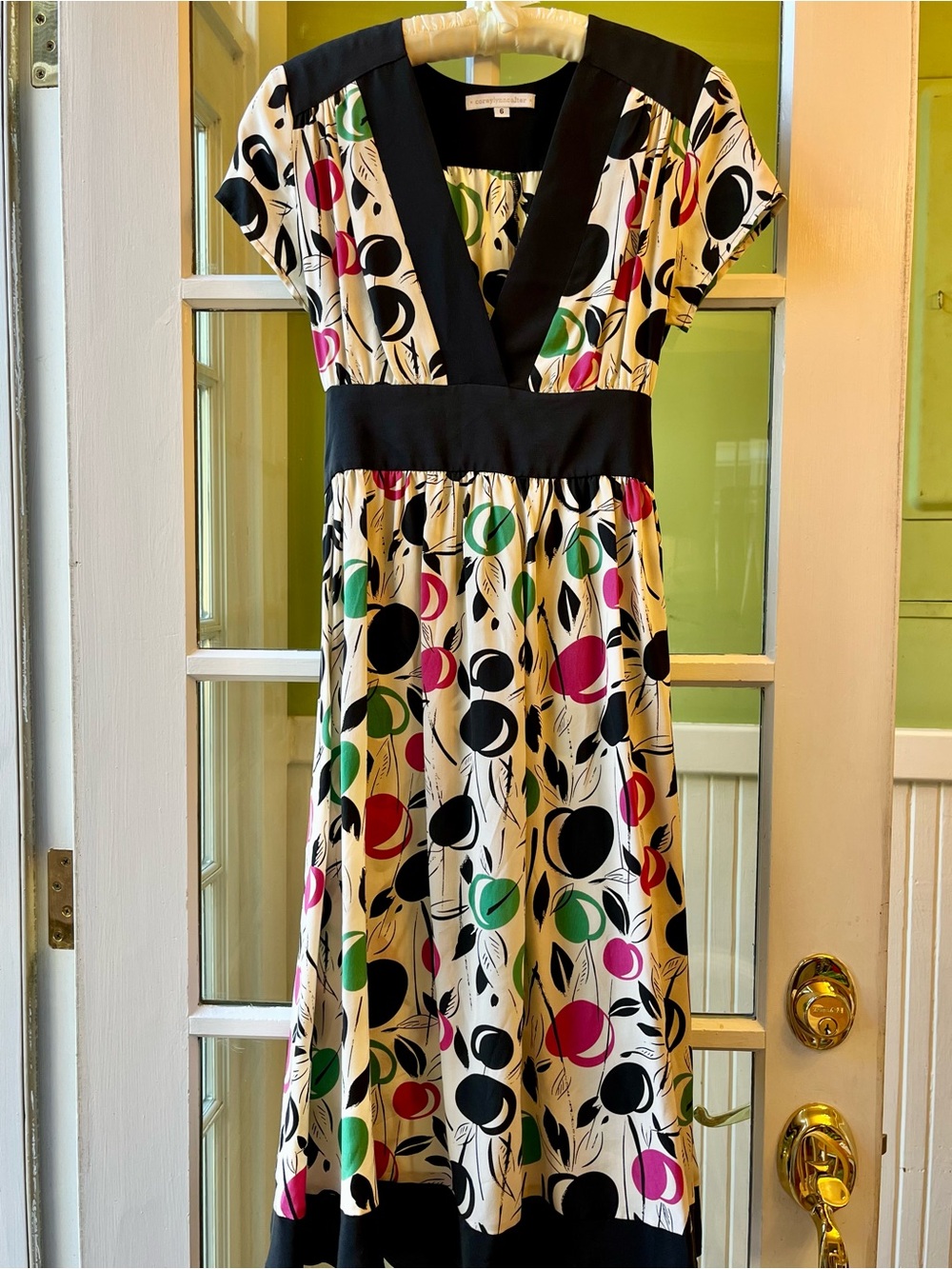 CoreyLynnCalter 100% Silk Black-Trimmed Cream Dress with Retro Look Fruity Print